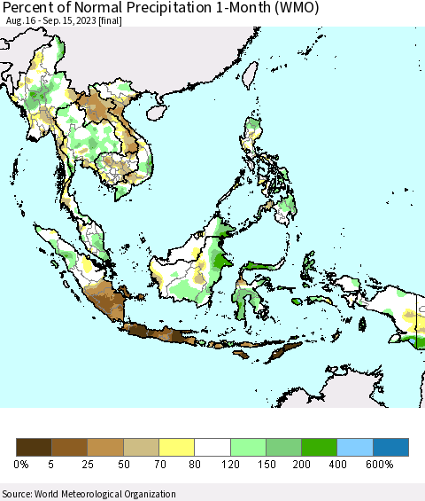 South East Asia Percent of Normal Precipitation 1-Month (WMO) Thematic Map For 8/16/2023 - 9/15/2023