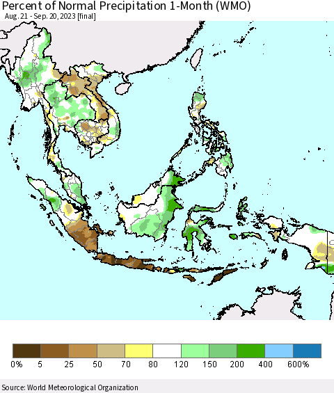 South East Asia Percent of Normal Precipitation 1-Month (WMO) Thematic Map For 8/21/2023 - 9/20/2023