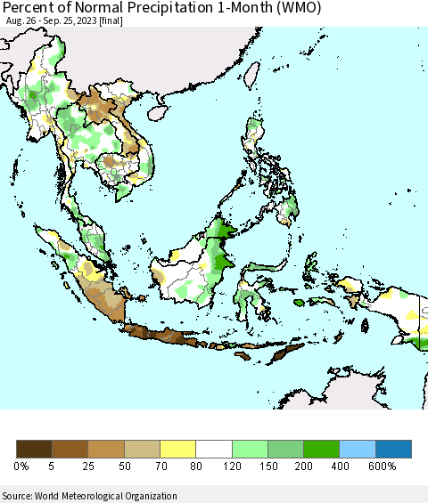 South East Asia Percent of Normal Precipitation 1-Month (WMO) Thematic Map For 8/26/2023 - 9/25/2023