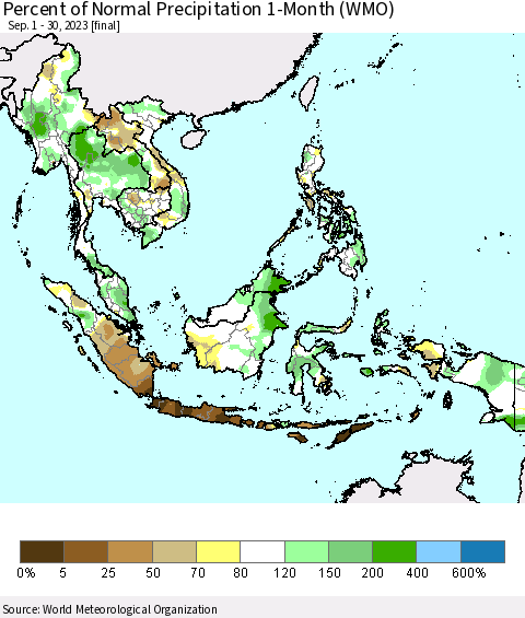 South East Asia Percent of Normal Precipitation 1-Month (WMO) Thematic Map For 9/1/2023 - 9/30/2023