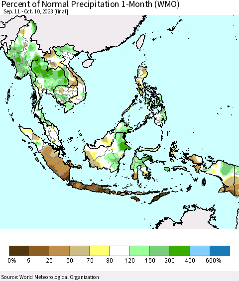 South East Asia Percent of Normal Precipitation 1-Month (WMO) Thematic Map For 9/11/2023 - 10/10/2023