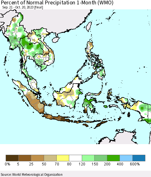 South East Asia Percent of Normal Precipitation 1-Month (WMO) Thematic Map For 9/21/2023 - 10/20/2023