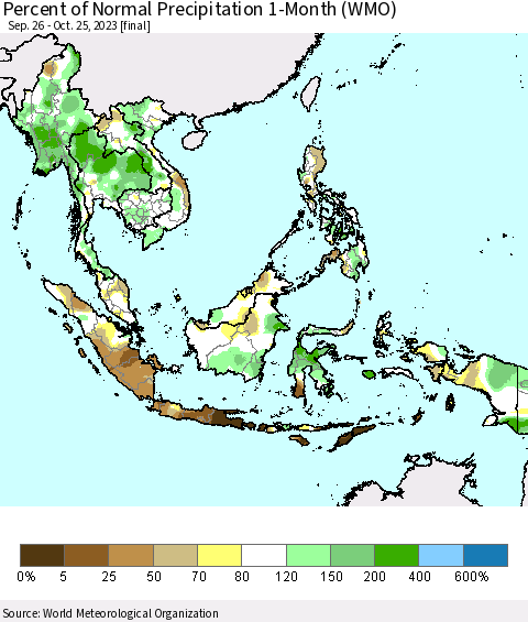 South East Asia Percent of Normal Precipitation 1-Month (WMO) Thematic Map For 9/26/2023 - 10/25/2023