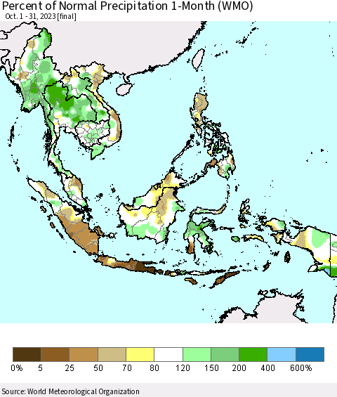 South East Asia Percent of Normal Precipitation 1-Month (WMO) Thematic Map For 10/1/2023 - 10/31/2023
