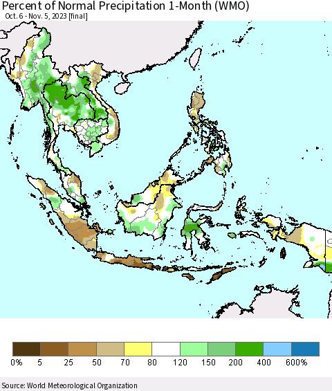 South East Asia Percent of Normal Precipitation 1-Month (WMO) Thematic Map For 10/6/2023 - 11/5/2023