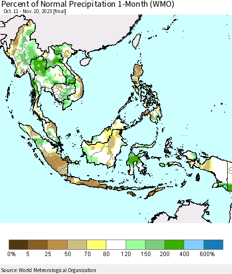 South East Asia Percent of Normal Precipitation 1-Month (WMO) Thematic Map For 10/11/2023 - 11/10/2023
