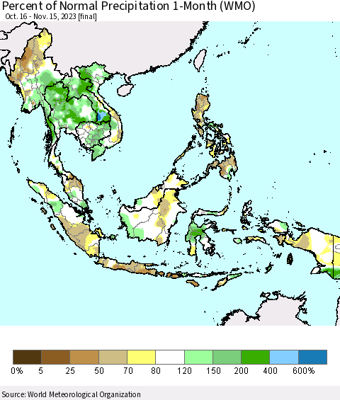 South East Asia Percent of Normal Precipitation 1-Month (WMO) Thematic Map For 10/16/2023 - 11/15/2023