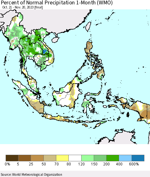 South East Asia Percent of Normal Precipitation 1-Month (WMO) Thematic Map For 10/21/2023 - 11/20/2023