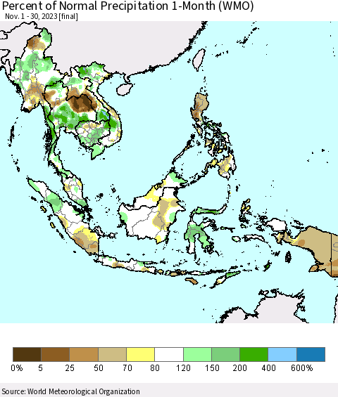 South East Asia Percent of Normal Precipitation 1-Month (WMO) Thematic Map For 11/1/2023 - 11/30/2023