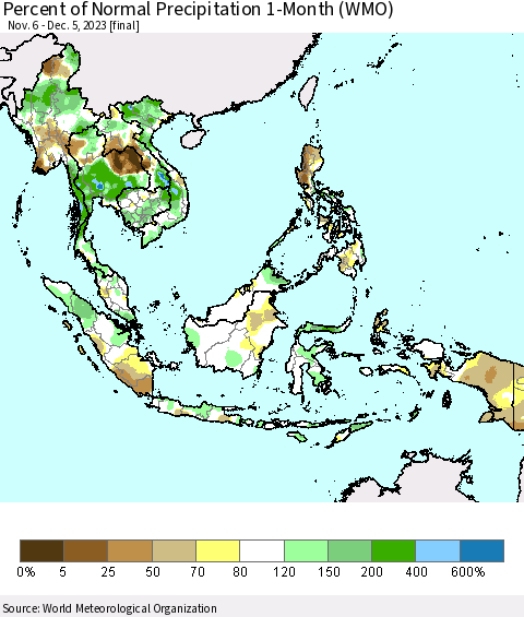 South East Asia Percent of Normal Precipitation 1-Month (WMO) Thematic Map For 11/6/2023 - 12/5/2023