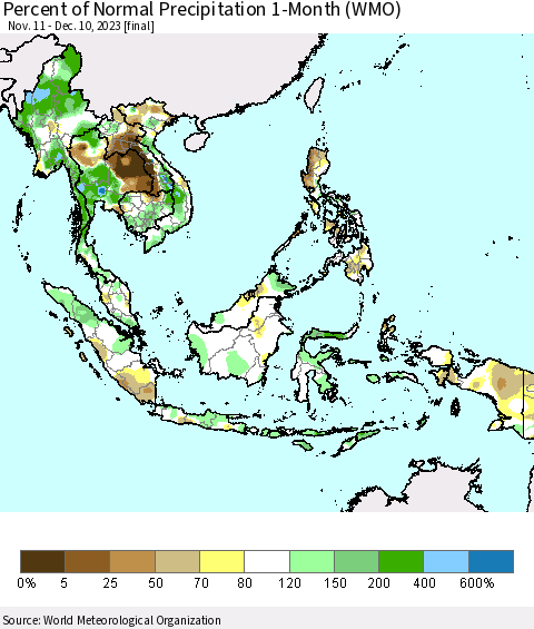 South East Asia Percent of Normal Precipitation 1-Month (WMO) Thematic Map For 11/11/2023 - 12/10/2023