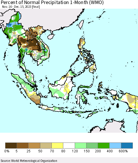 South East Asia Percent of Normal Precipitation 1-Month (WMO) Thematic Map For 11/16/2023 - 12/15/2023