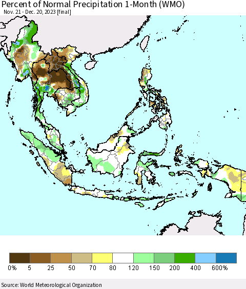 South East Asia Percent of Normal Precipitation 1-Month (WMO) Thematic Map For 11/21/2023 - 12/20/2023
