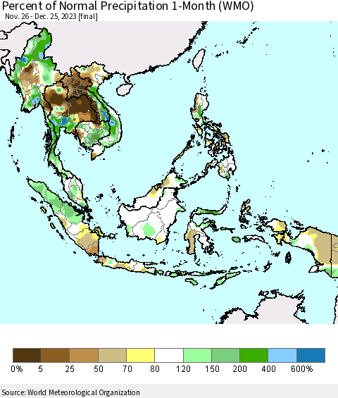 South East Asia Percent of Normal Precipitation 1-Month (WMO) Thematic Map For 11/26/2023 - 12/25/2023