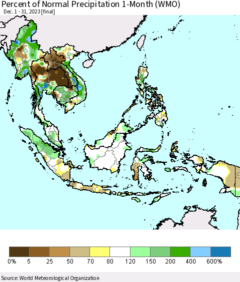 South East Asia Percent of Normal Precipitation 1-Month (WMO) Thematic Map For 12/1/2023 - 12/31/2023