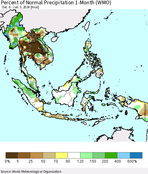 South East Asia Percent of Normal Precipitation 1-Month (WMO) Thematic Map For 12/6/2023 - 1/5/2024