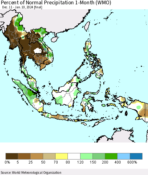 South East Asia Percent of Normal Precipitation 1-Month (WMO) Thematic Map For 12/11/2023 - 1/10/2024