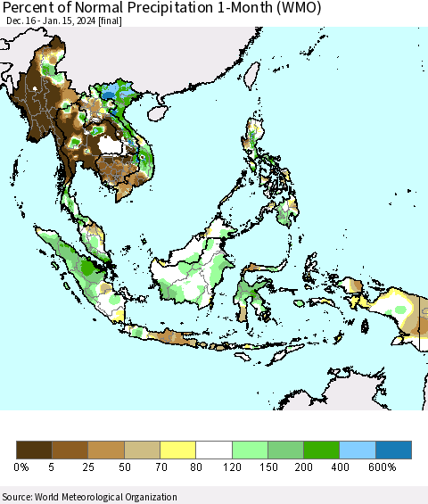 South East Asia Percent of Normal Precipitation 1-Month (WMO) Thematic Map For 12/16/2023 - 1/15/2024