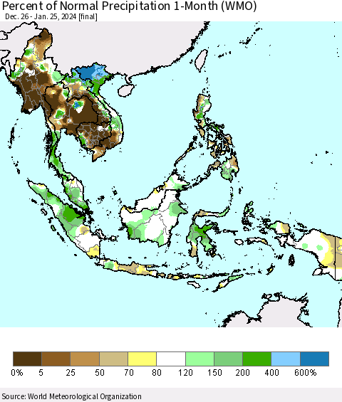 South East Asia Percent of Normal Precipitation 1-Month (WMO) Thematic Map For 12/26/2023 - 1/25/2024