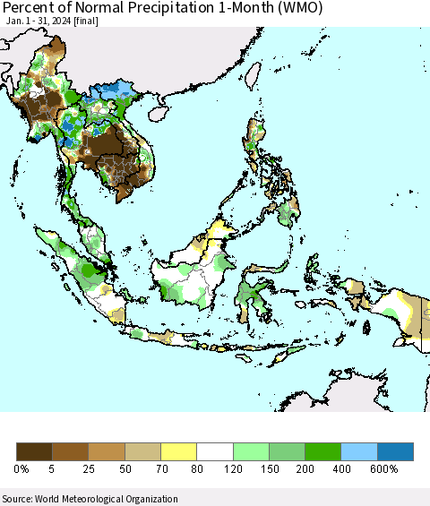 South East Asia Percent of Normal Precipitation 1-Month (WMO) Thematic Map For 1/1/2024 - 1/31/2024