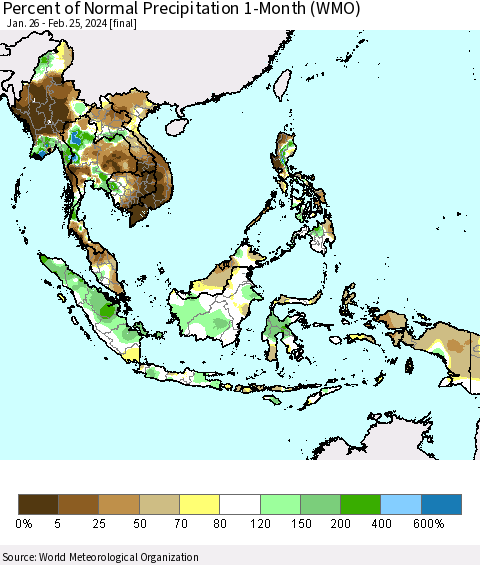 South East Asia Percent of Normal Precipitation 1-Month (WMO) Thematic Map For 1/26/2024 - 2/25/2024