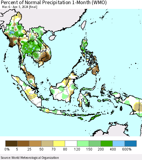 South East Asia Percent of Normal Precipitation 1-Month (WMO) Thematic Map For 3/6/2024 - 4/5/2024