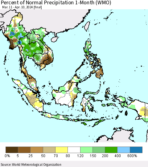 South East Asia Percent of Normal Precipitation 1-Month (WMO) Thematic Map For 3/11/2024 - 4/10/2024