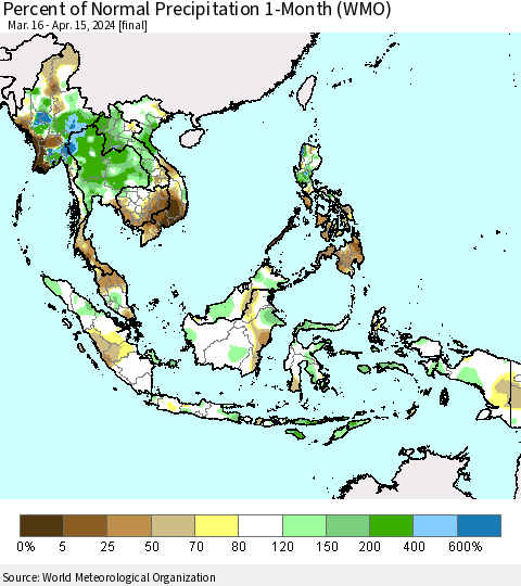 South East Asia Percent of Normal Precipitation 1-Month (WMO) Thematic Map For 3/16/2024 - 4/15/2024