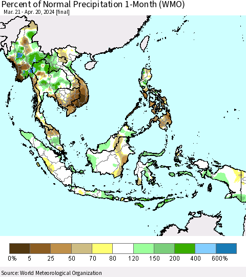 South East Asia Percent of Normal Precipitation 1-Month (WMO) Thematic Map For 3/21/2024 - 4/20/2024