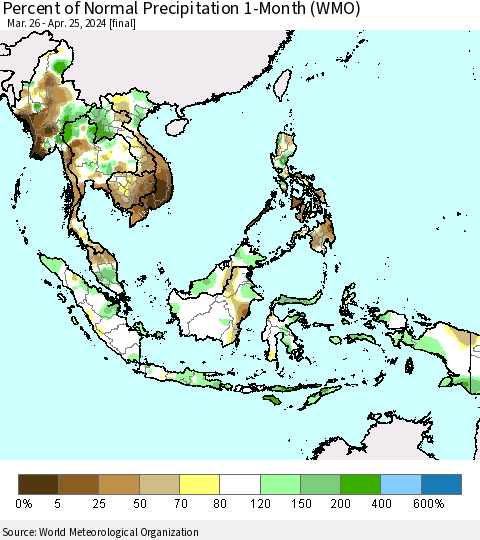 South East Asia Percent of Normal Precipitation 1-Month (WMO) Thematic Map For 3/26/2024 - 4/25/2024