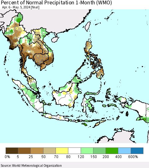 South East Asia Percent of Normal Precipitation 1-Month (WMO) Thematic Map For 4/6/2024 - 5/5/2024