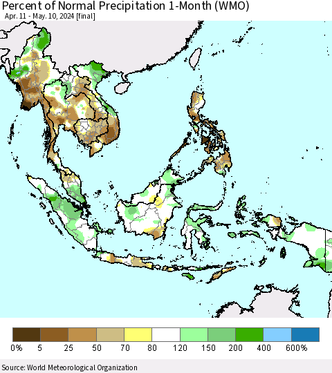 South East Asia Percent of Normal Precipitation 1-Month (WMO) Thematic Map For 4/11/2024 - 5/10/2024