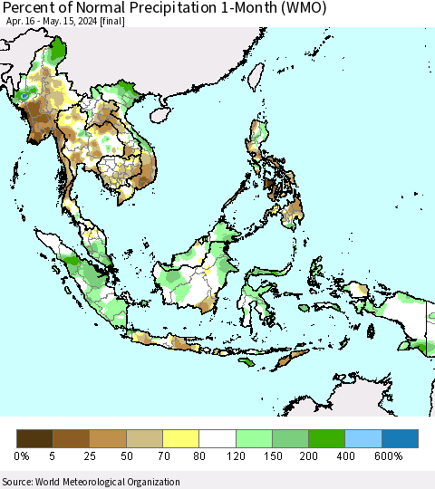 South East Asia Percent of Normal Precipitation 1-Month (WMO) Thematic Map For 4/16/2024 - 5/15/2024