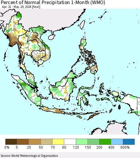 South East Asia Percent of Normal Precipitation 1-Month (WMO) Thematic Map For 4/21/2024 - 5/20/2024
