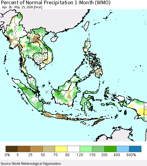 South East Asia Percent of Normal Precipitation 1-Month (WMO) Thematic Map For 4/26/2024 - 5/25/2024