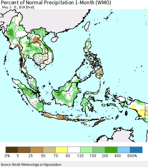 South East Asia Percent of Normal Precipitation 1-Month (WMO) Thematic Map For 5/1/2024 - 5/31/2024