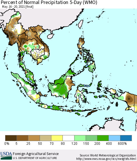 South East Asia Percent of Normal Precipitation 5-Day (WMO) Thematic Map For 5/16/2021 - 5/20/2021
