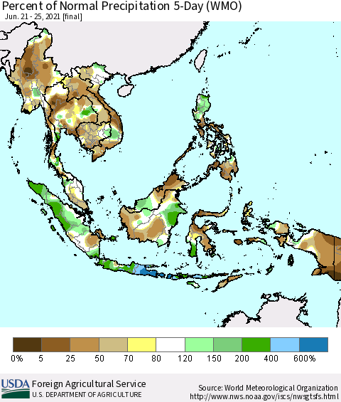 South East Asia Percent of Normal Precipitation 5-Day (WMO) Thematic Map For 6/21/2021 - 6/25/2021