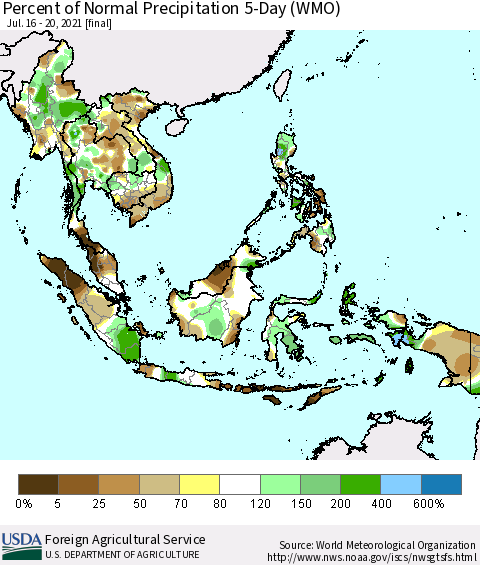 South East Asia Percent of Normal Precipitation 5-Day (WMO) Thematic Map For 7/16/2021 - 7/20/2021