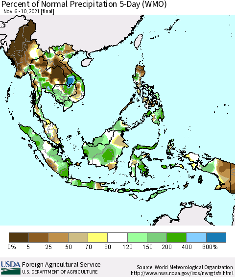 South East Asia Percent of Normal Precipitation 5-Day (WMO) Thematic Map For 11/6/2021 - 11/10/2021