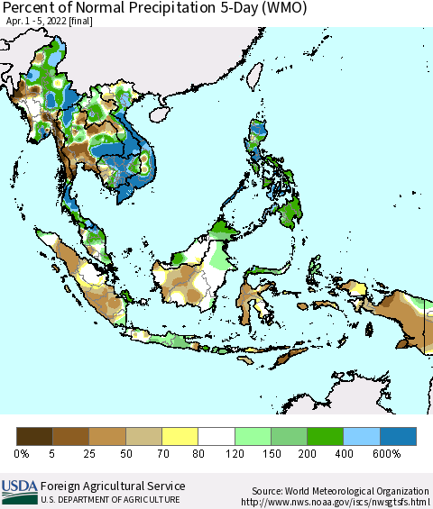 South East Asia Percent of Normal Precipitation 5-Day (WMO) Thematic Map For 4/1/2022 - 4/5/2022