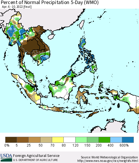South East Asia Percent of Normal Precipitation 5-Day (WMO) Thematic Map For 4/6/2022 - 4/10/2022
