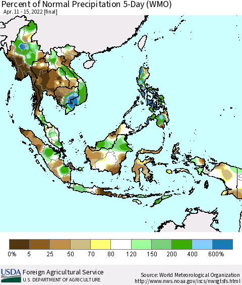 South East Asia Percent of Normal Precipitation 5-Day (WMO) Thematic Map For 4/11/2022 - 4/15/2022