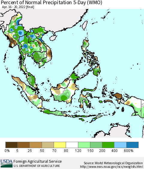 South East Asia Percent of Normal Precipitation 5-Day (WMO) Thematic Map For 4/16/2022 - 4/20/2022
