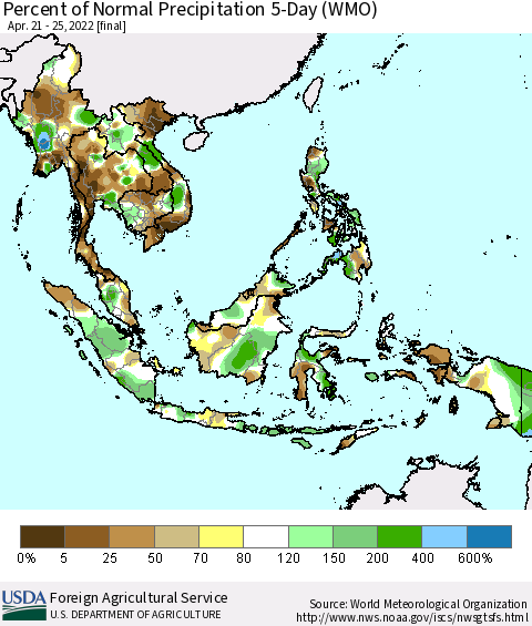South East Asia Percent of Normal Precipitation 5-Day (WMO) Thematic Map For 4/21/2022 - 4/25/2022