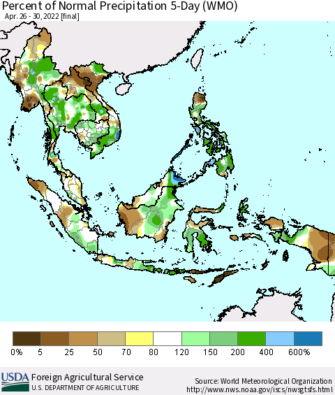 South East Asia Percent of Normal Precipitation 5-Day (WMO) Thematic Map For 4/26/2022 - 4/30/2022