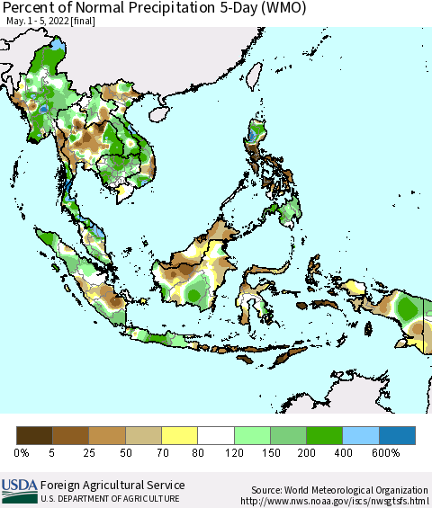South East Asia Percent of Normal Precipitation 5-Day (WMO) Thematic Map For 5/1/2022 - 5/5/2022