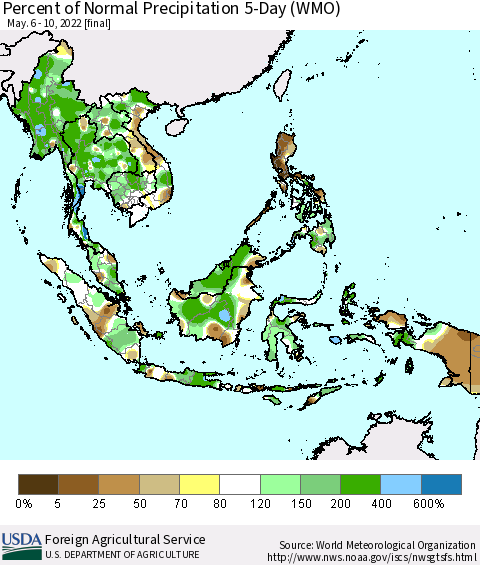 South East Asia Percent of Normal Precipitation 5-Day (WMO) Thematic Map For 5/6/2022 - 5/10/2022