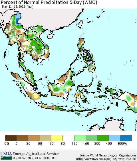 South East Asia Percent of Normal Precipitation 5-Day (WMO) Thematic Map For 5/11/2022 - 5/15/2022