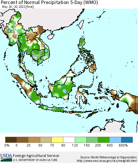 South East Asia Percent of Normal Precipitation 5-Day (WMO) Thematic Map For 5/16/2022 - 5/20/2022